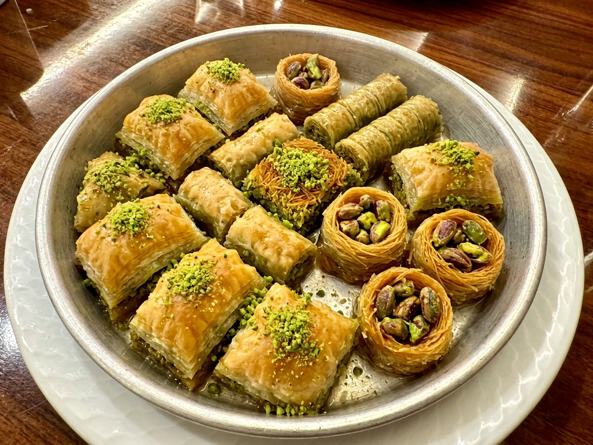 Golden knafeh dessert topped with crushed pistachios on a white plate