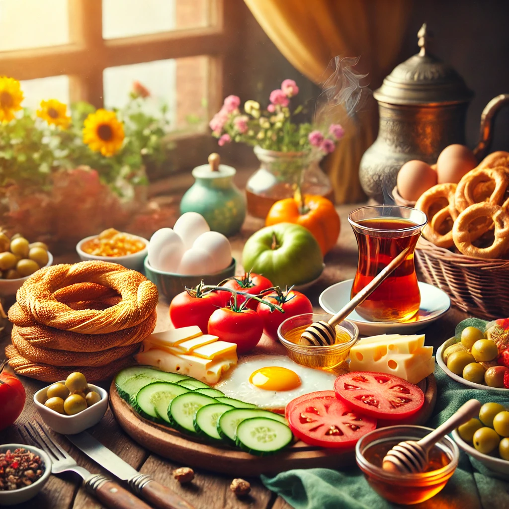 dallc2b7e 2025 02 19 22.37.59 a cozy and inviting breakfast scene with a variety of traditional turkish breakfast items on a wooden table including simit olives cheese tomatoes