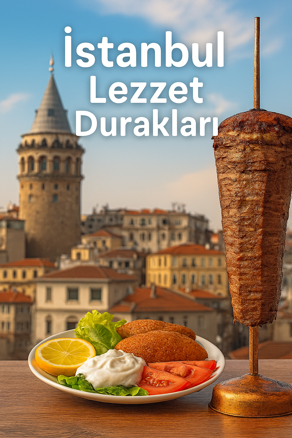 Galata Kulesi fonunda İstanbul’un geleneksel lezzetleri: dikey döner kebap ve içli köfte tabağı, yanında yoğurt, marul, domates ve limon dilimiyle birlikte ahşap masa üzerinde sunulmuş. Arka planda turuncu kiremitli çatıların arasında yükselen tarihi kule, İstanbul Lezzet Durakları başlığıyla bütünleşiyor.