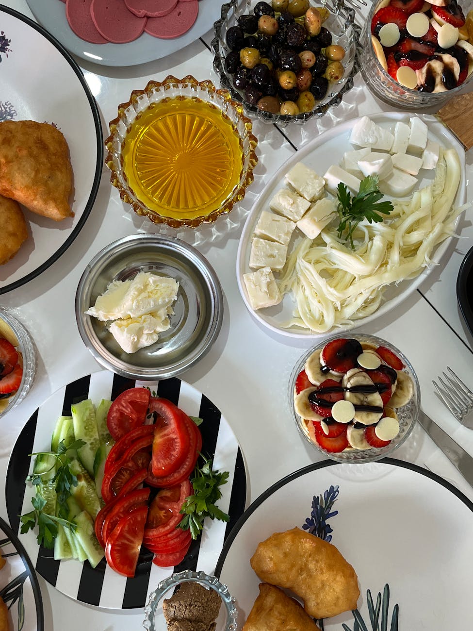 traditional turkish breakfast spread with feta and olives
