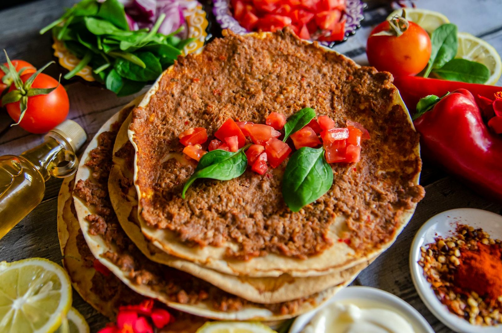close up of a lahmacun