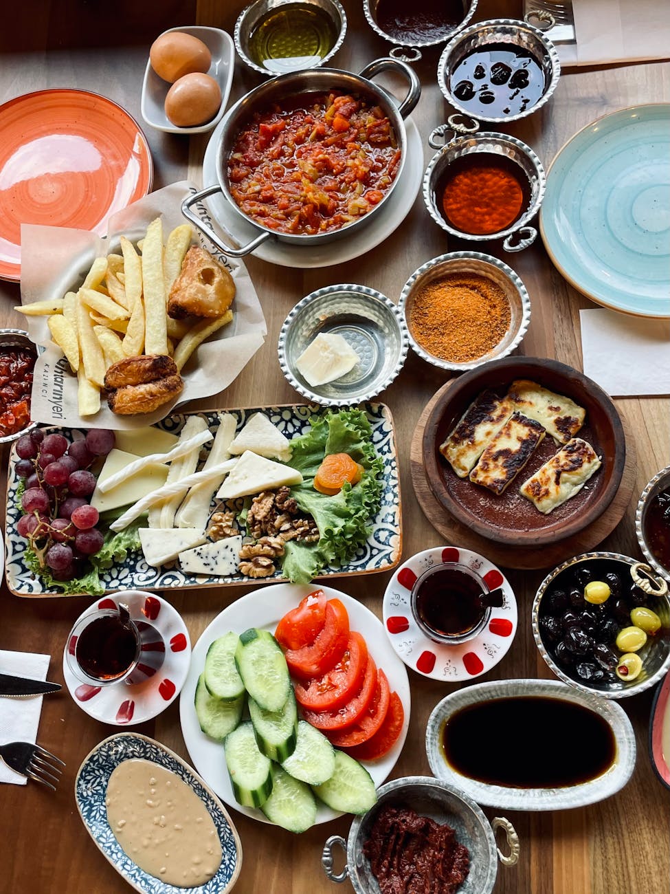 traditional turkish breakfast spread with various dishes