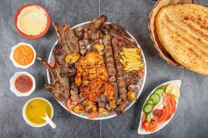 mix grill platter, kebab, rice, chicken fry, meat, lamb, chanp, bread, salad, hamus, platter food, arabic, meat roasted, seekh kebab, kebab, kebab, kebab, kebab, kebab, chicken fry, chicken fry, chicken fry