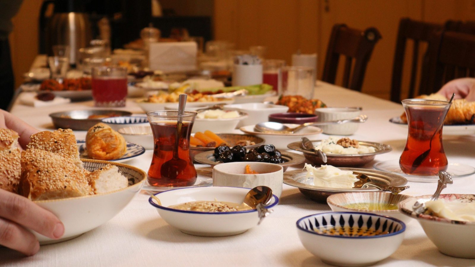 Traditional turkish breakfast with tea and pastries