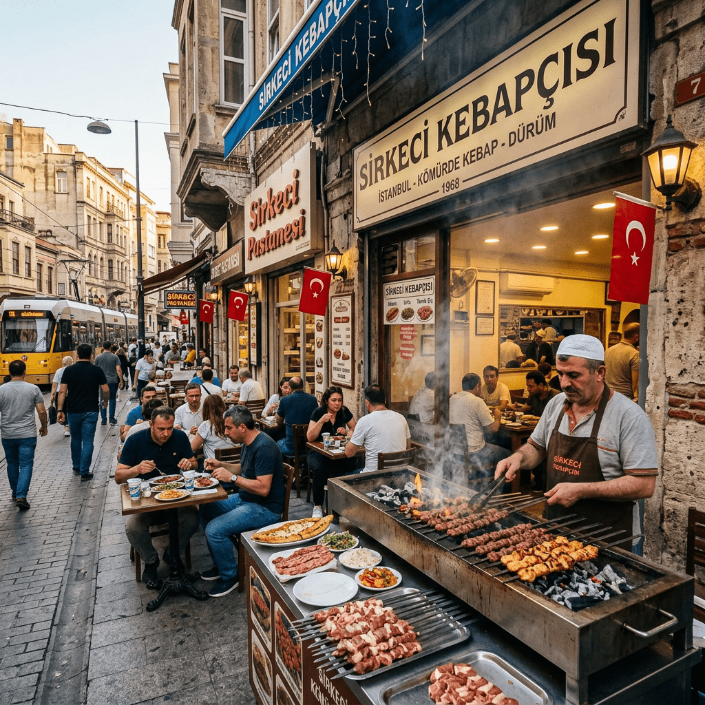 Street-side kebab restaurant in Istanbul with customers dining and a chef grilling skewers