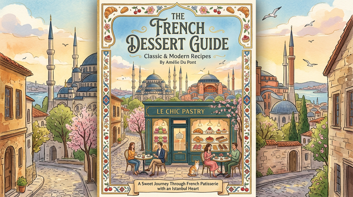 Book cover of The French Dessert Guide featuring a pastry shop and Istanbul skyline