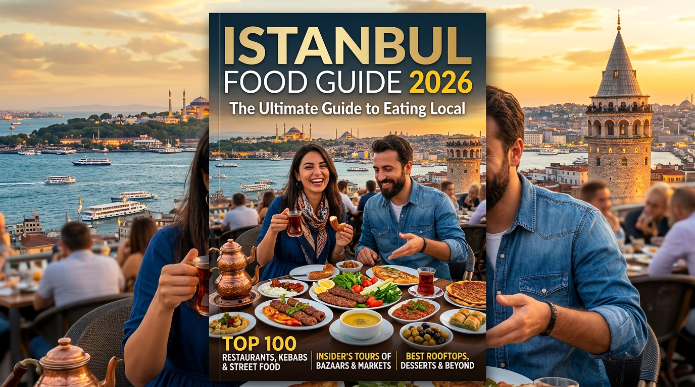 Couple eating Turkish food at outdoor restaurant with Istanbul city and Bosphorus in the background