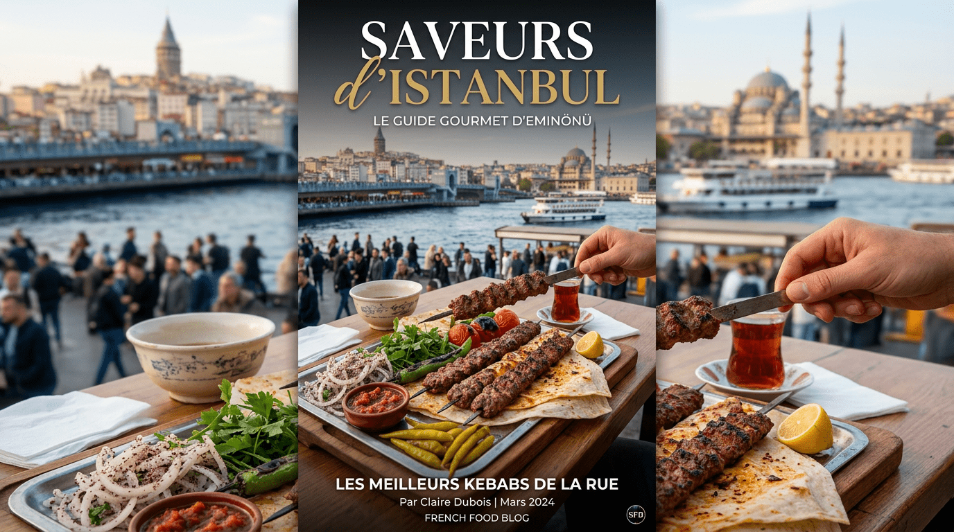 Platter of grilled kebabs with sides and Turkish tea by the waterfront in Istanbul