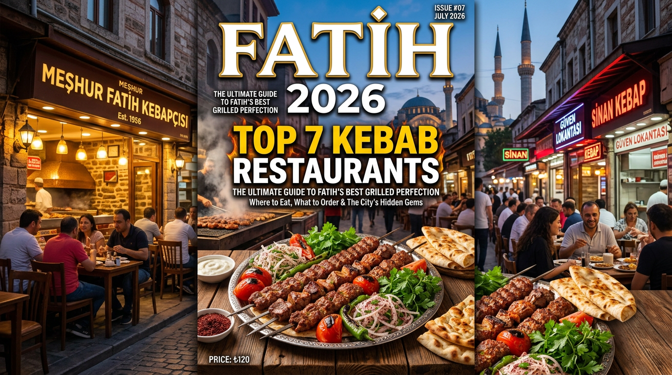 Grilled kebabs on a plate with bread and fresh herbs, alongside busy outdoor kebab restaurants in Fatih.