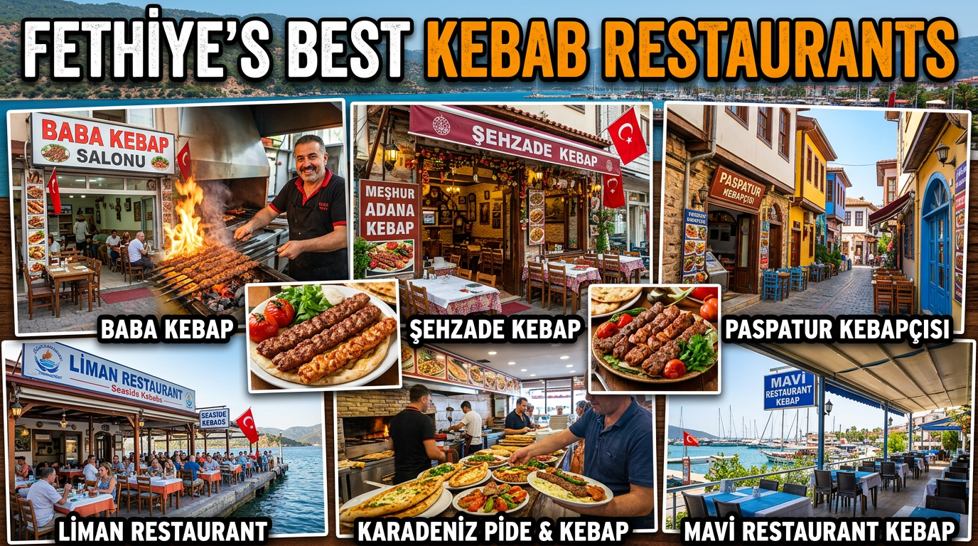 Where to Eat Kebab in Fethiye? Top 5 Spots For 2026 1 Collage of Fethiye’s top kebab restaurants including Baba Kebap, Şehzade Kebap, Paspatur Kebapçısı, Liman Restaurant, Karadeniz Pide & Kebap, and Mavi Restaurant Kebap