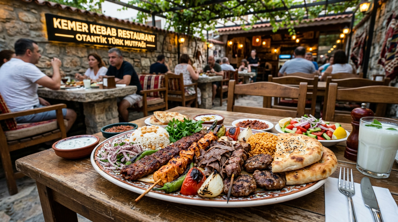 ケメルで味わう美食の饗宴:近隣のおすすめケバブレストラン5選(2026年) 1 Platter with various grilled Turkish kebabs, rice, salad, bread, and yogurt drink