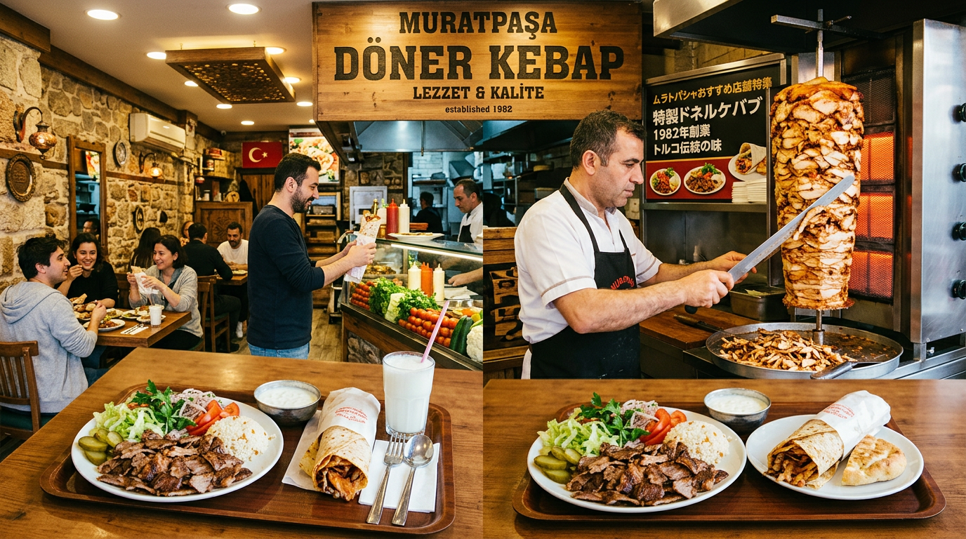 ムラトパシャでドネルケバブを食べるならどこ?2026年版おすすめ人気店トップ7 1 Turkish döner kebab shop with sliced meat, served meals, and customers eating