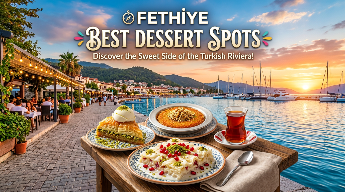 을 먹고 어디에 있는 디저트 Fethiye? 최 8 명소 2026 1 Three traditional Turkish desserts and a glass of tea on a wooden table by the waterfront at sunset