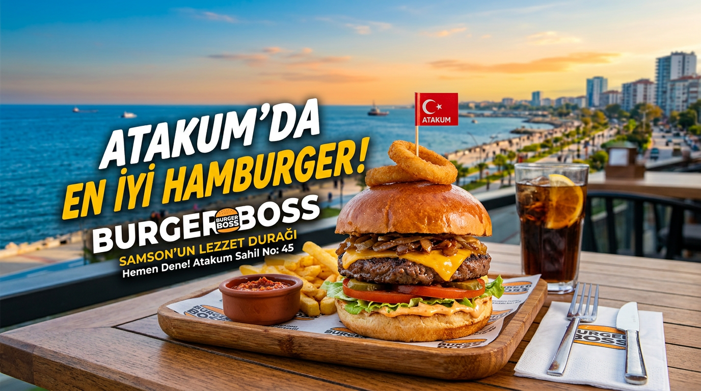 Cheeseburger with onion rings, fries, ketchup, and a glass of cola on a wooden table overlooking the seaside