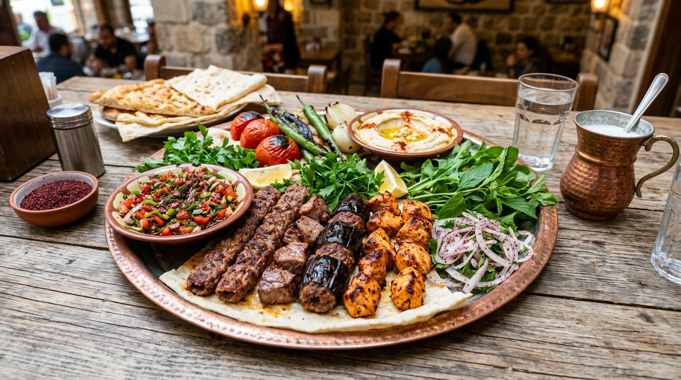 Mixed grill platter with kebabs, grilled vegetables, fresh herbs, hummus, and flatbread