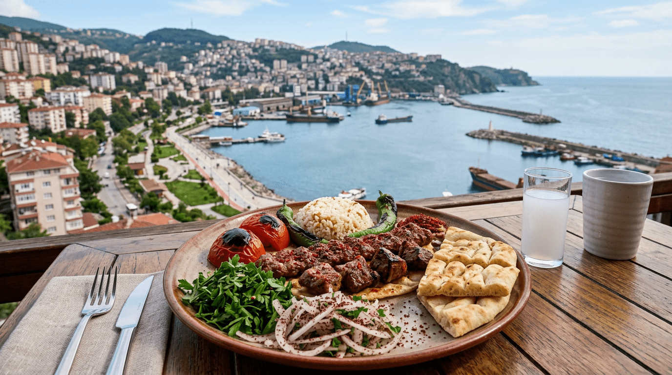 Plate with grilled meat, rice, roasted tomatoes, green pepper, bread, parsley, and onions on a wooden table overlooking a coastal town and harbor