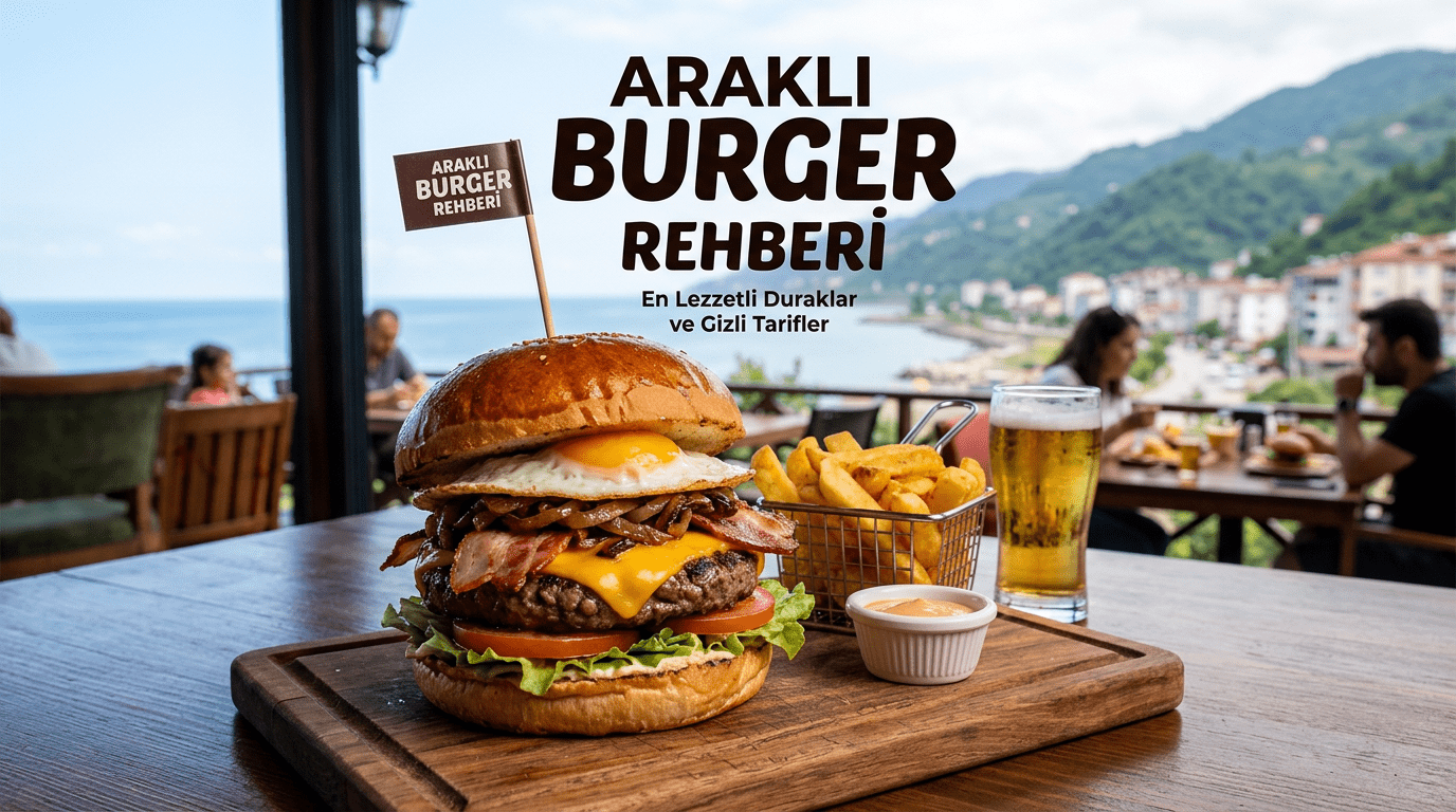 Gourmet burger with fried egg, bacon, cheese, lettuce, tomato, served with fries and a glass of beer on a wooden board at an outdoor restaurant with a sea and mountain view.