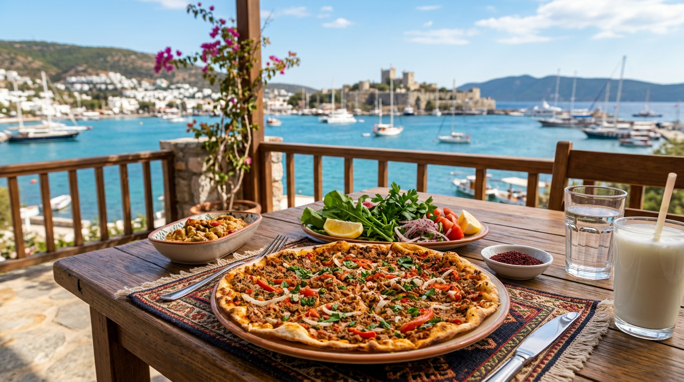 Table with pizza, salad, drink, and a view of a harbor with boats and a castle in the background