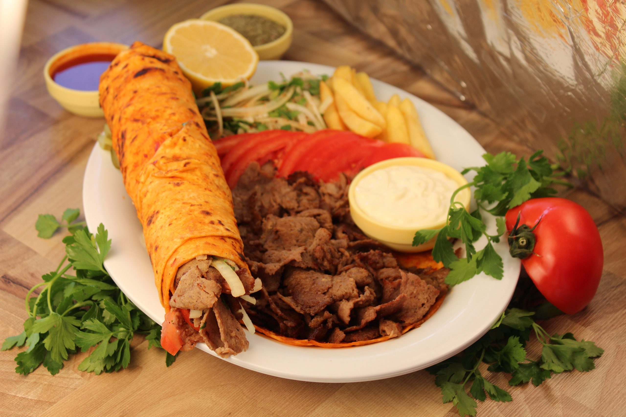 Delicious middle eastern shawarma platter
