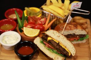 Fast food diner with burger and fries