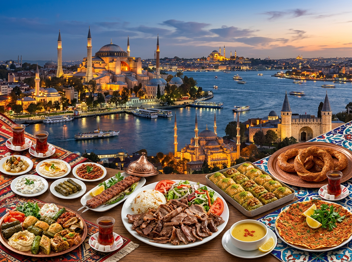 Various traditional Turkish dishes and tea arranged on a table with Istanbul city and mosques in background