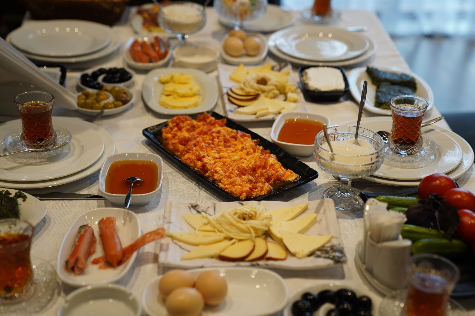 traditional turkish breakfast spread with tea