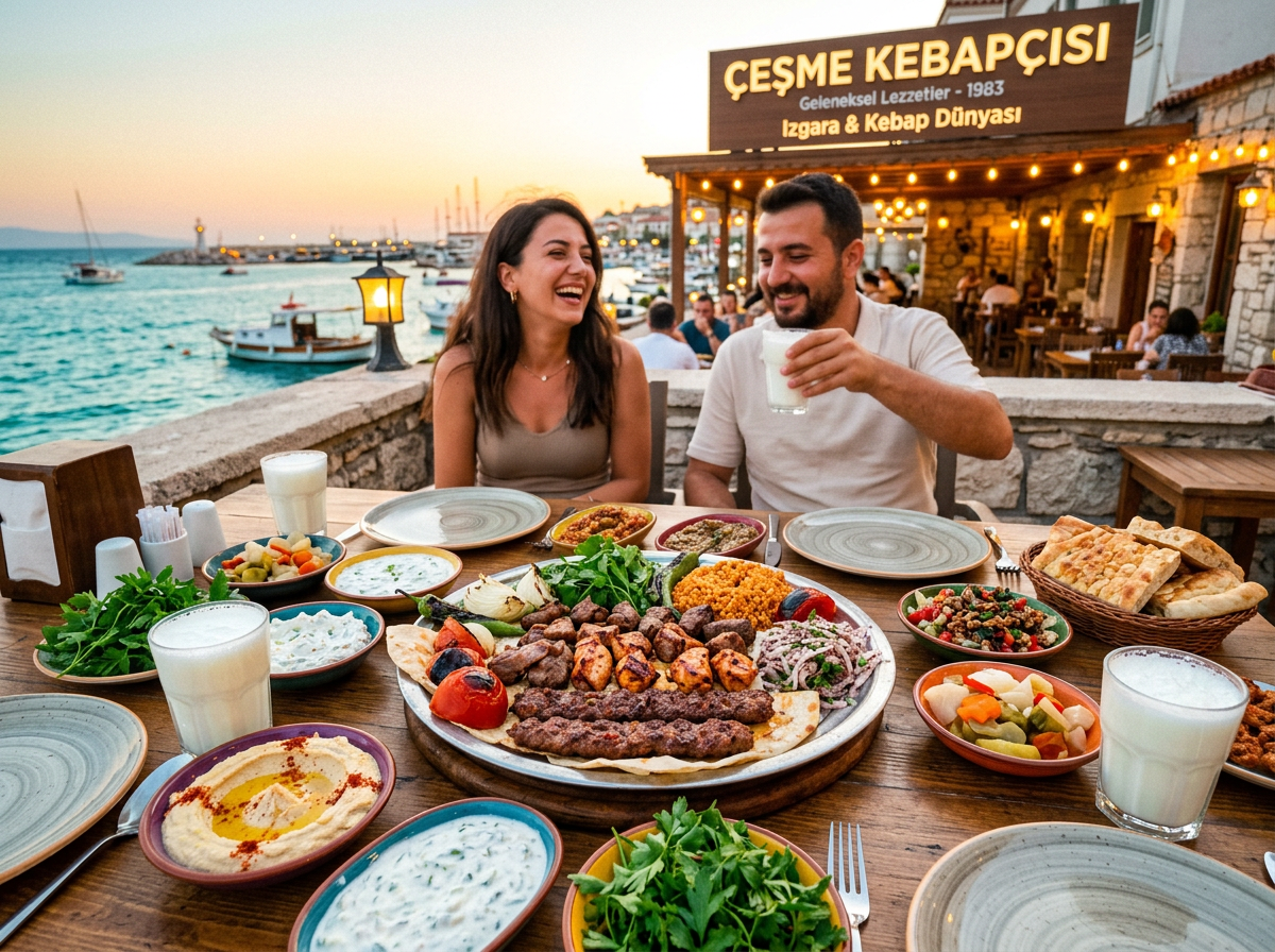 Couple dining outdoors with a large platter of Turkish kebabs and assorted side dishes by the sea