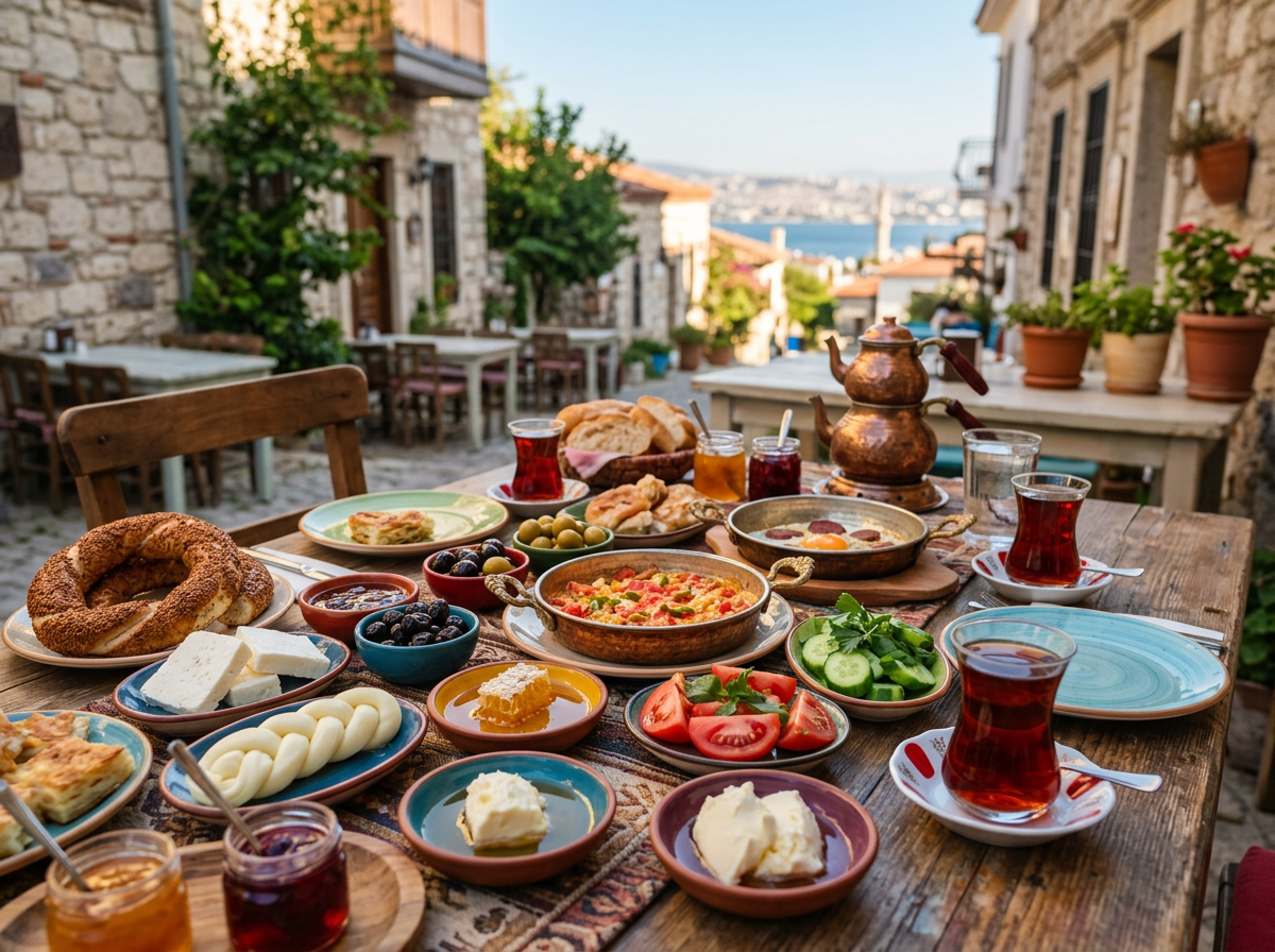 Traditional Turkish breakfast table in Konak